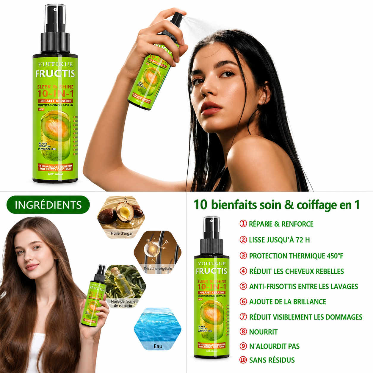 Spray Capillaire Kératine Végétale – Réparation & Lissage Cheveux Secs et Frisés