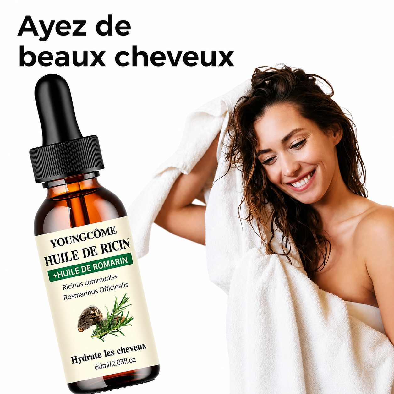Huile Ricin & Romarin Cheveux – Pousse, Anti-Chute & Densité