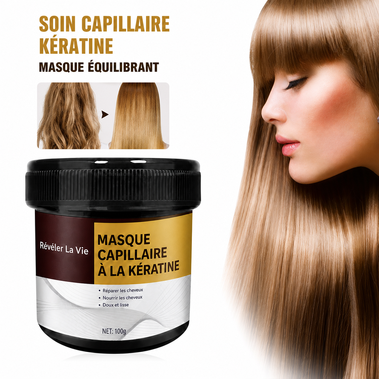 Masque capillaire kératine cheveux frisés – Lissage & nutrition intense | Femmes 18-69 ans