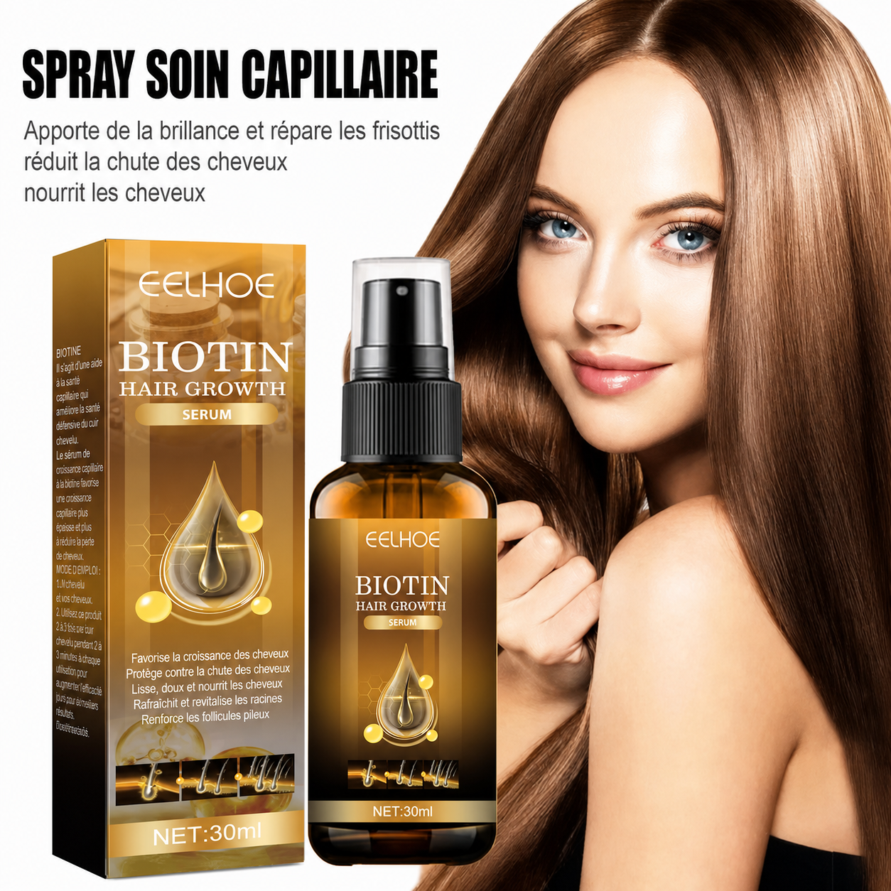 Sérum Capillaire Biotine Fortifiant – Spray Nourrissant Réparateur Cheveux Frisés