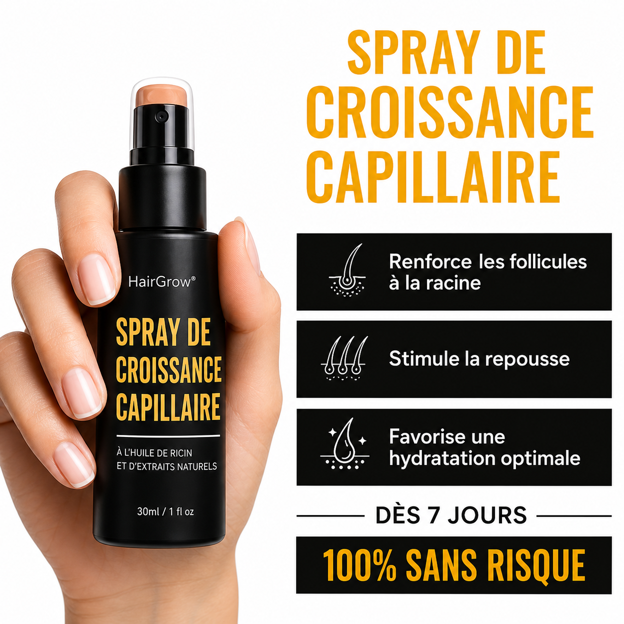 Spray Croissance Cheveux Gingembre & Café – Anti-Chute Sans Rinçage