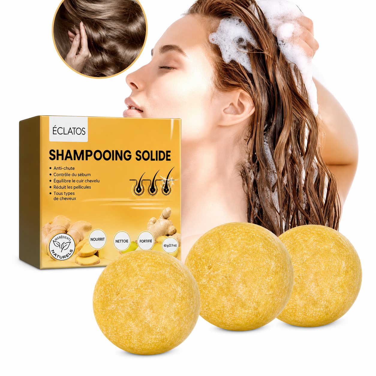 Shampoing Solide Gingembre – Anti-Chute, Pousse & Nettoyage Profond