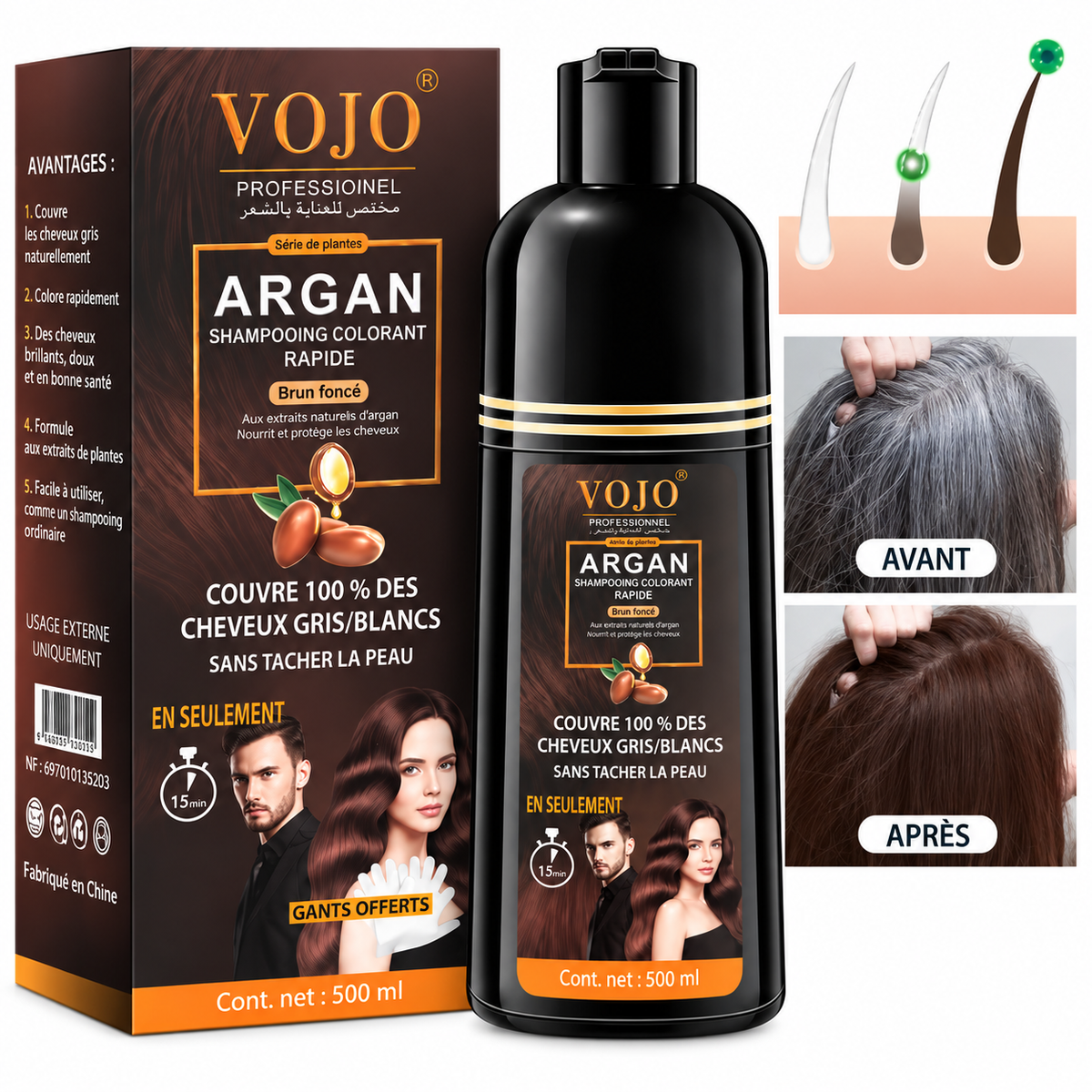 Shampooing Teinture Brun Noir Végétal – Couverture Cheveux Blancs & Gris